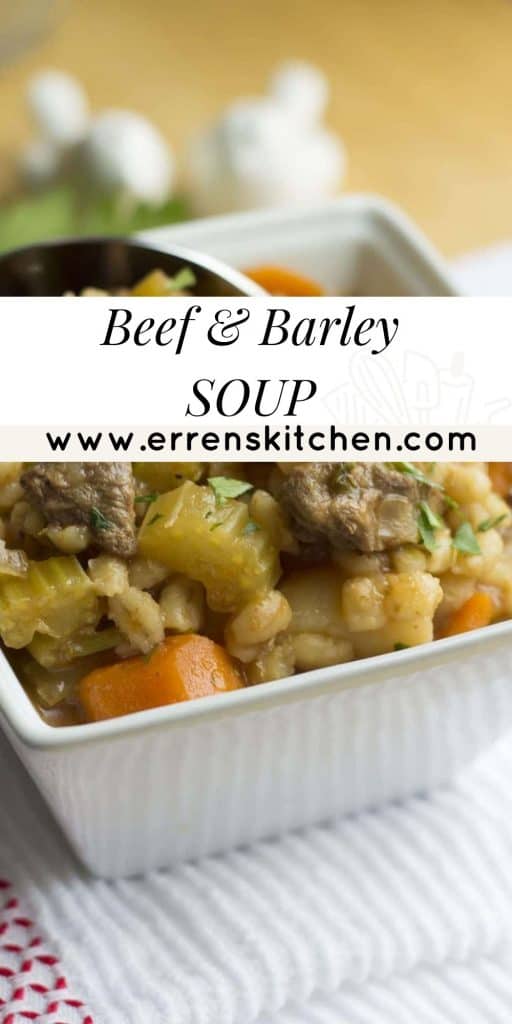 A bowl of beef and barley soup ready to serve