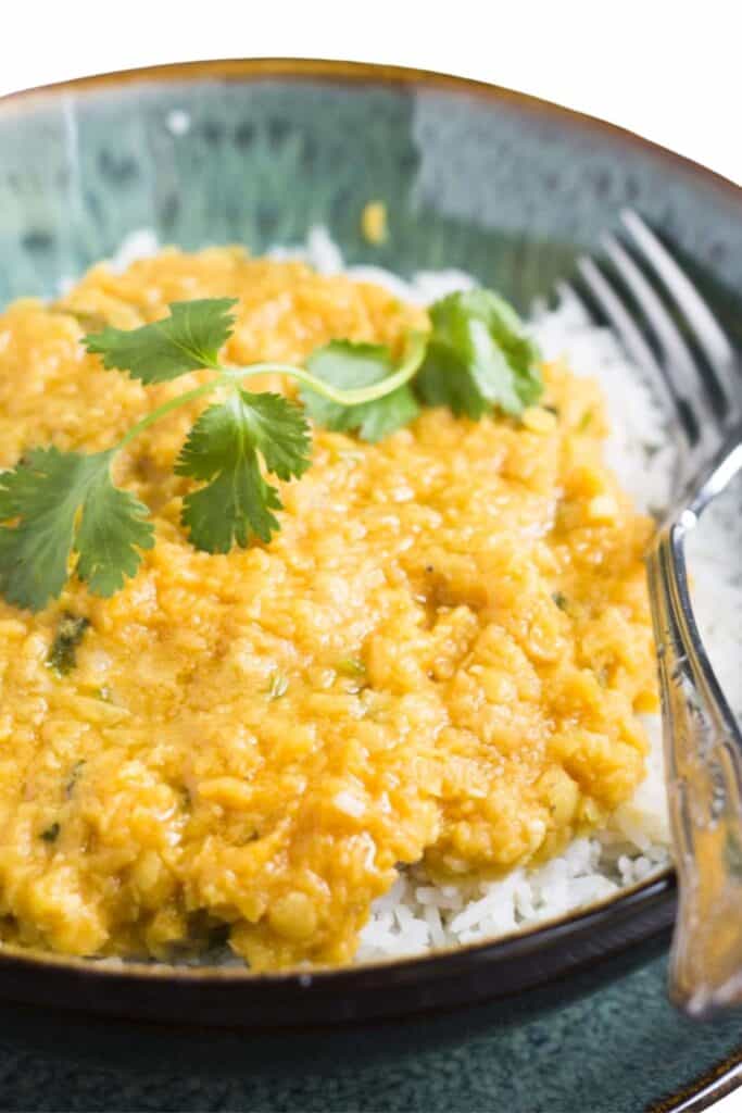 Tarka Dal over white rice in a bowl