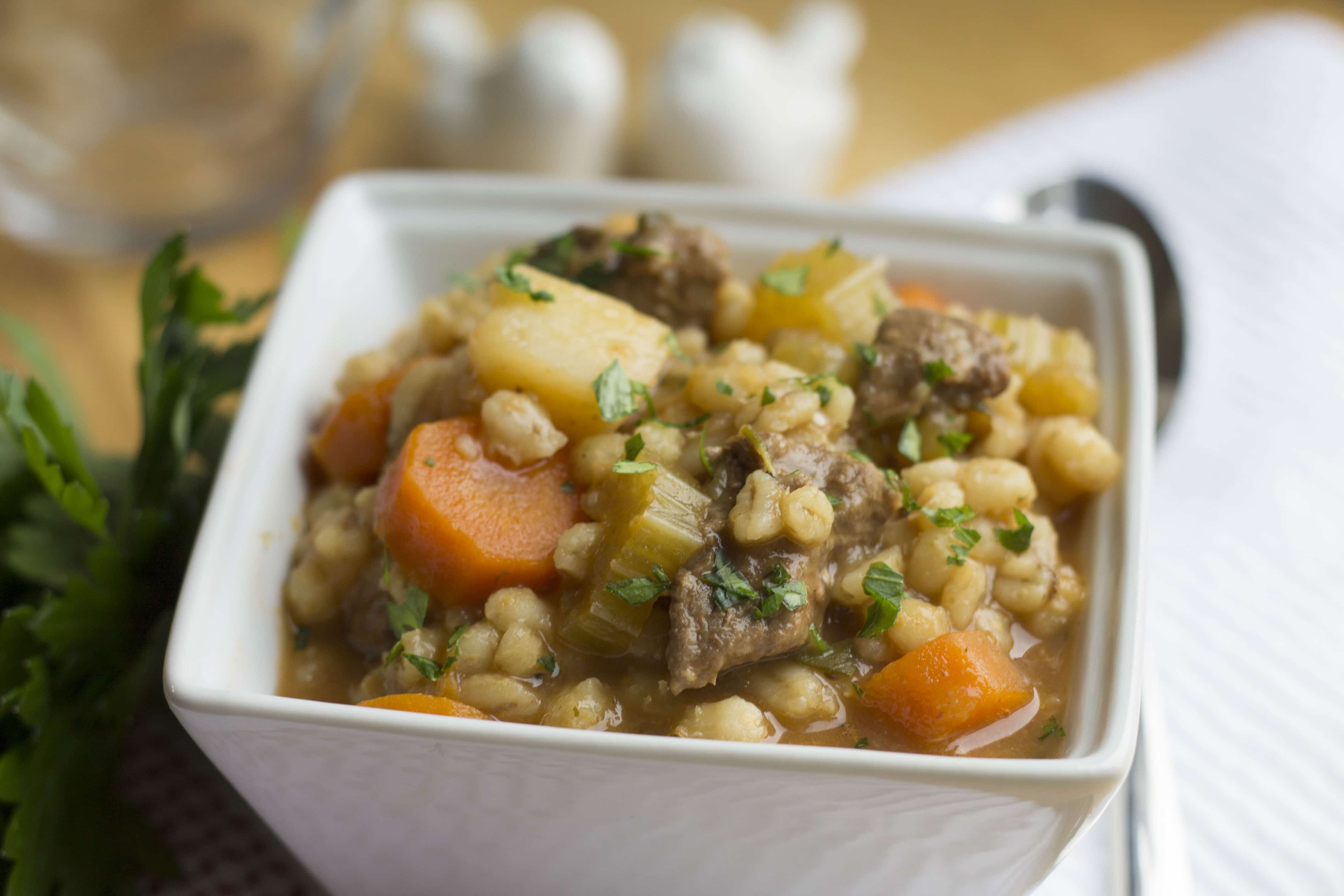 Beef & Barley Soup - Erren's Kitchen - Dish up a hearty bowl of comfort on a cold day with this simple recipe for Beef & Barley Soup. 