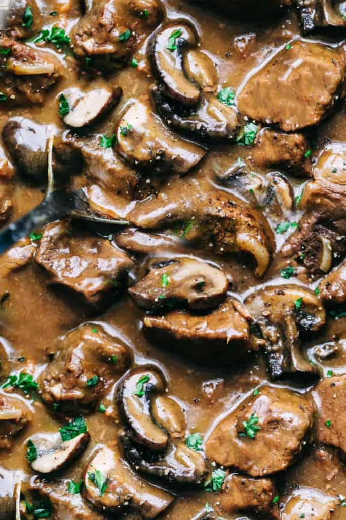 beef and mushrooms in a brown gravy