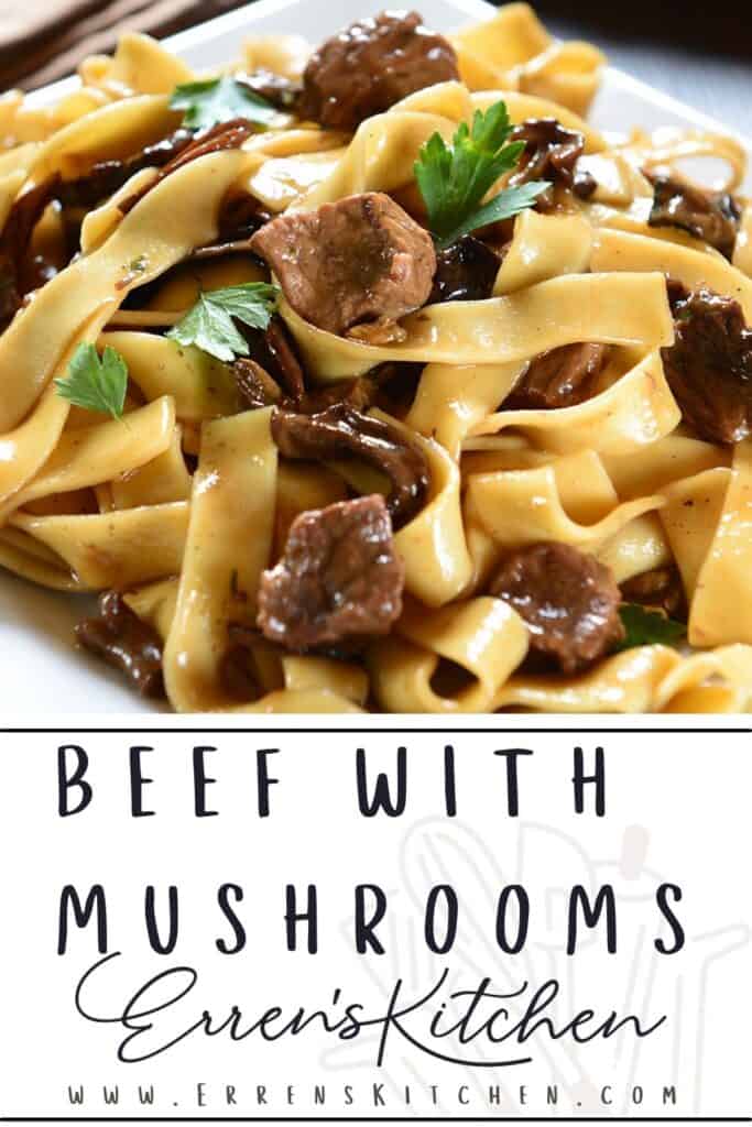 a plate of noodles and Slow Cooked Beef with Mushrooms