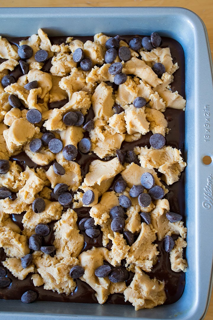 Peanut Butter Fudge Brownies mixutre in the pan ready to bake