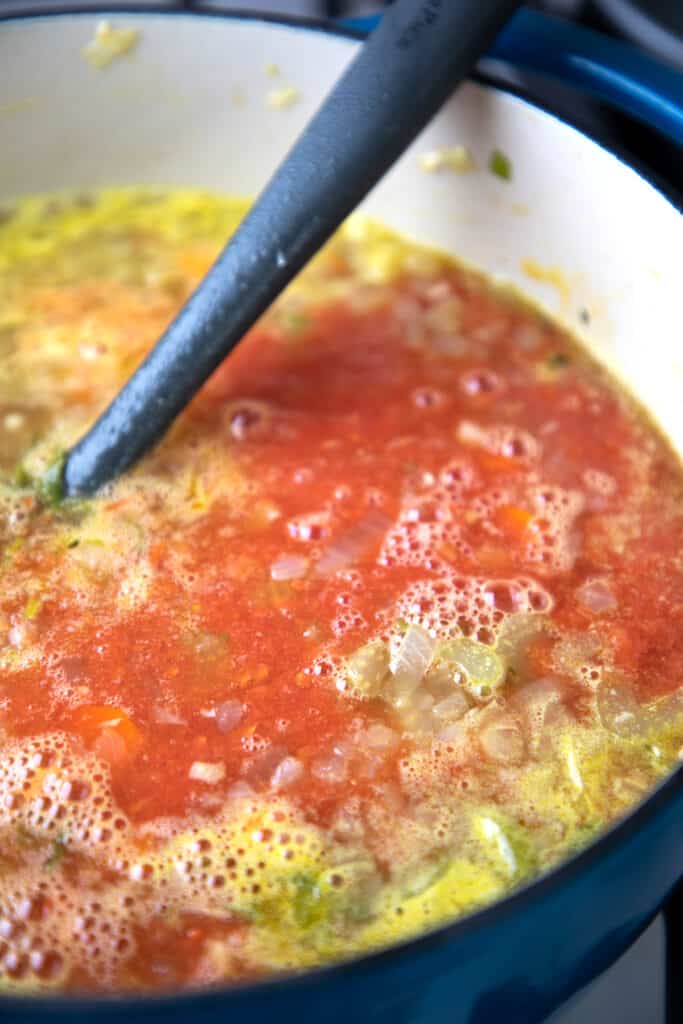 the tomatoes added to the pot of soup