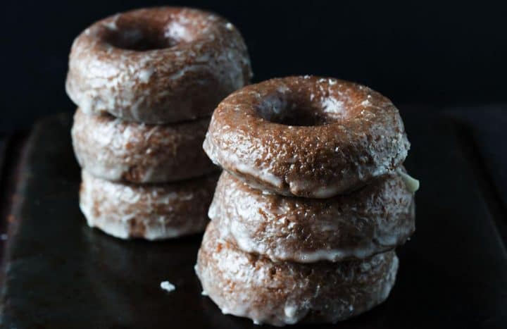 Six Easy Baked Glazed Chocolate Doughnuts in two stacks of three