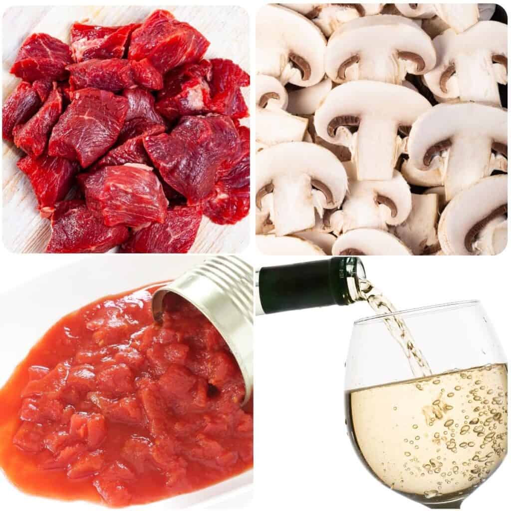 ingredients for Italian Beef Stew: beef, mushrooms, canned tomatoes and white wine