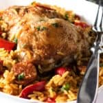 Chicken & Chorizo Paella - Erren's Kitchen - Instead of traditional seafood paella, try a this simple Chicken & Chorizo recipe. This hearty family dinner for four is a flavorful, one pot meal with chicken, Spanish sausage and saffron rice.