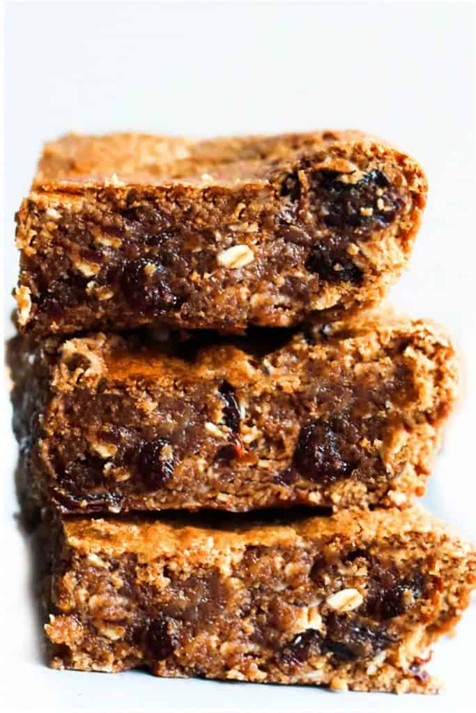A stack of Oatmeal cookie bars with gooey centers
