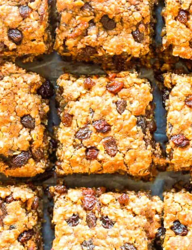 fresh baked Oatmeal Raisin Cookie Bars on a cooling rack
