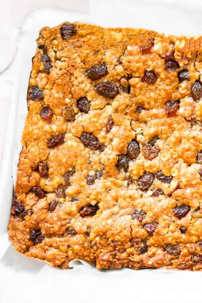 a pan of oatmeal cookie bars fresh from the oven