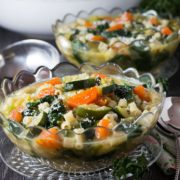 Spring Vegetable Soup - Erren's Kitchen - Welcome Springtime with this healthy, flavor-packed and satisfying soup. It's packed with plenty of spring vegetables, a kick of garlic and some pasta to make it hearty enough to be eaten as a meal.