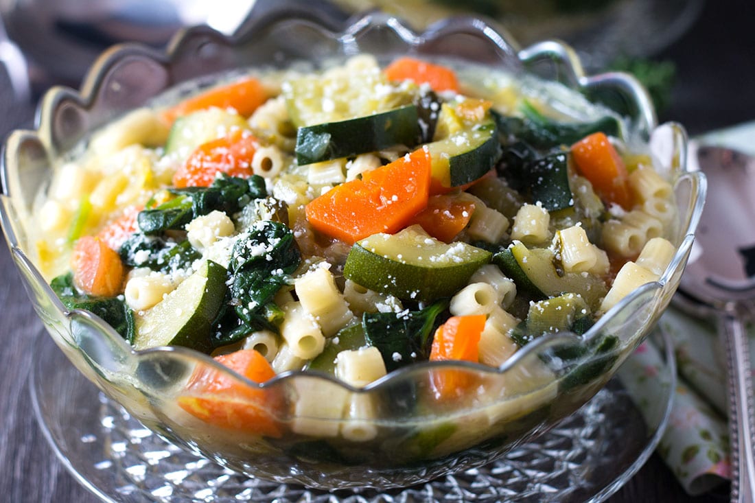 Spring Vegetable Soup in a glass bowl