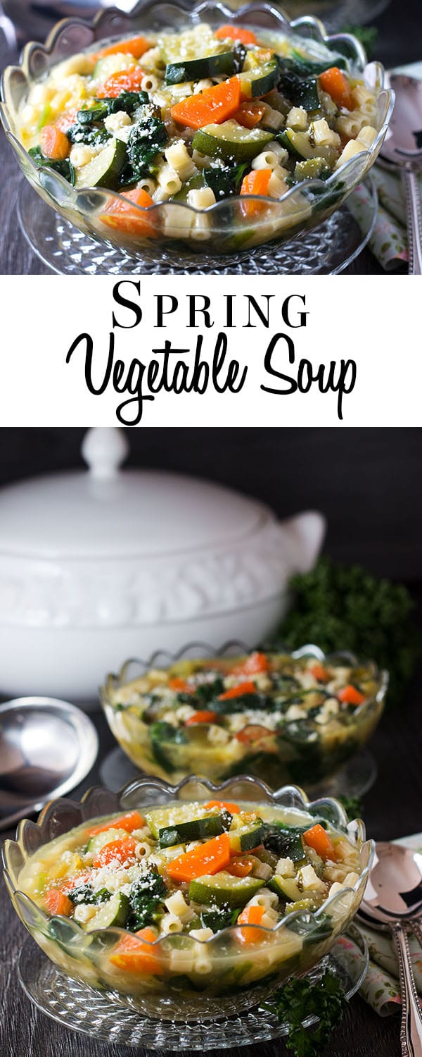 A dish of spring vegetable soup with a soup terrine in the background