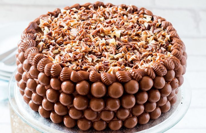 a close up of a chocolate cake covered in frosting chocolate malt balls and chocolate shavings