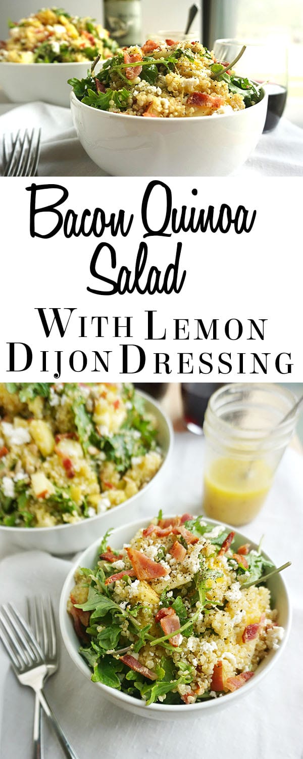 A bowl of bacon quinoa salad on a plate with a pot of dressing next to it