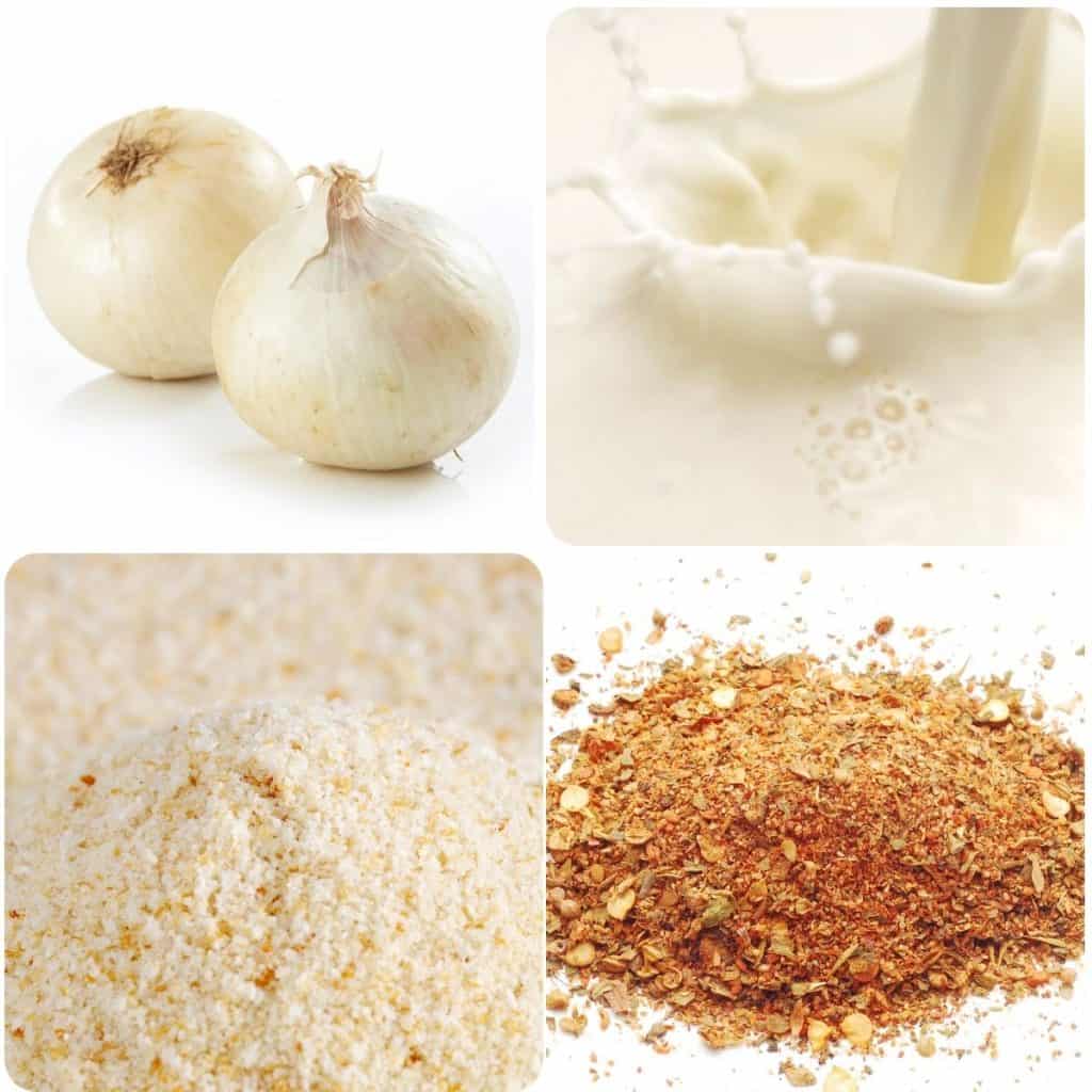 ingredients for onion rings: onions, buttermilk, breadcrumbs and spices
