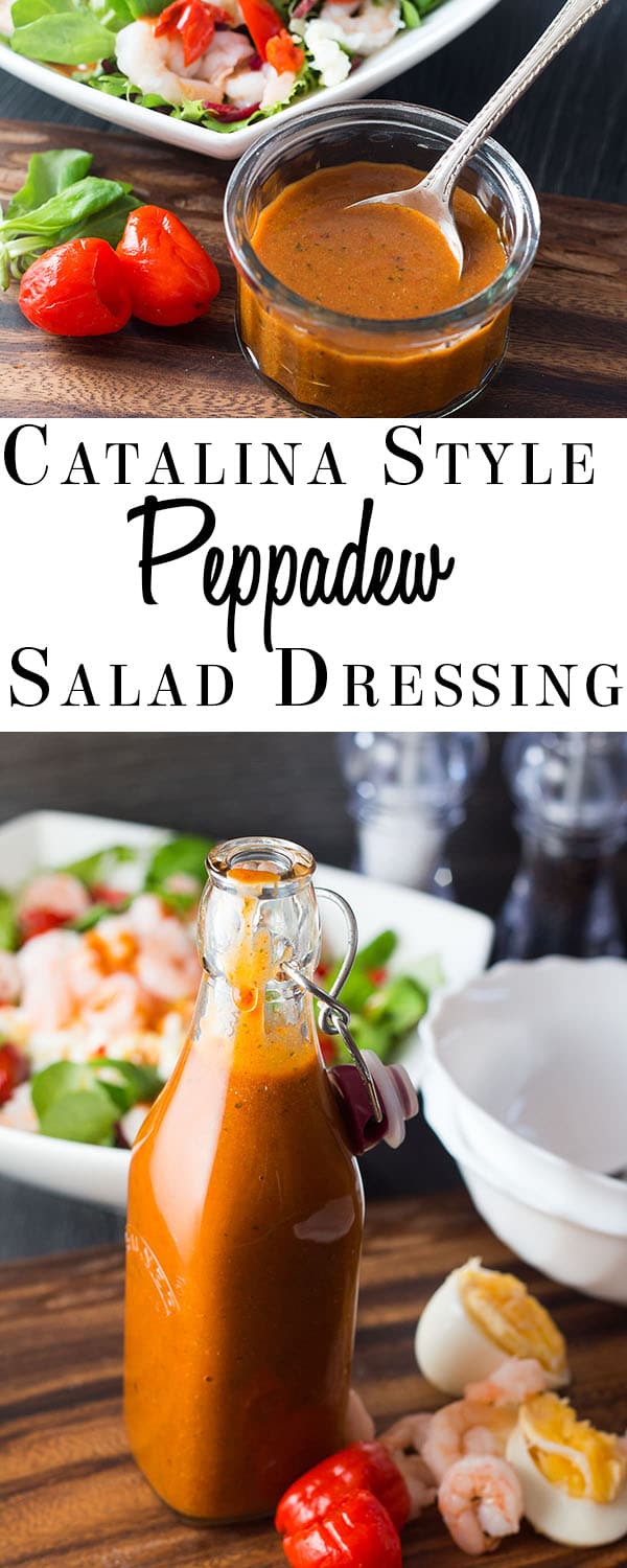 A bowl of salad with a bottle of Catalina style peppadew salad dressing