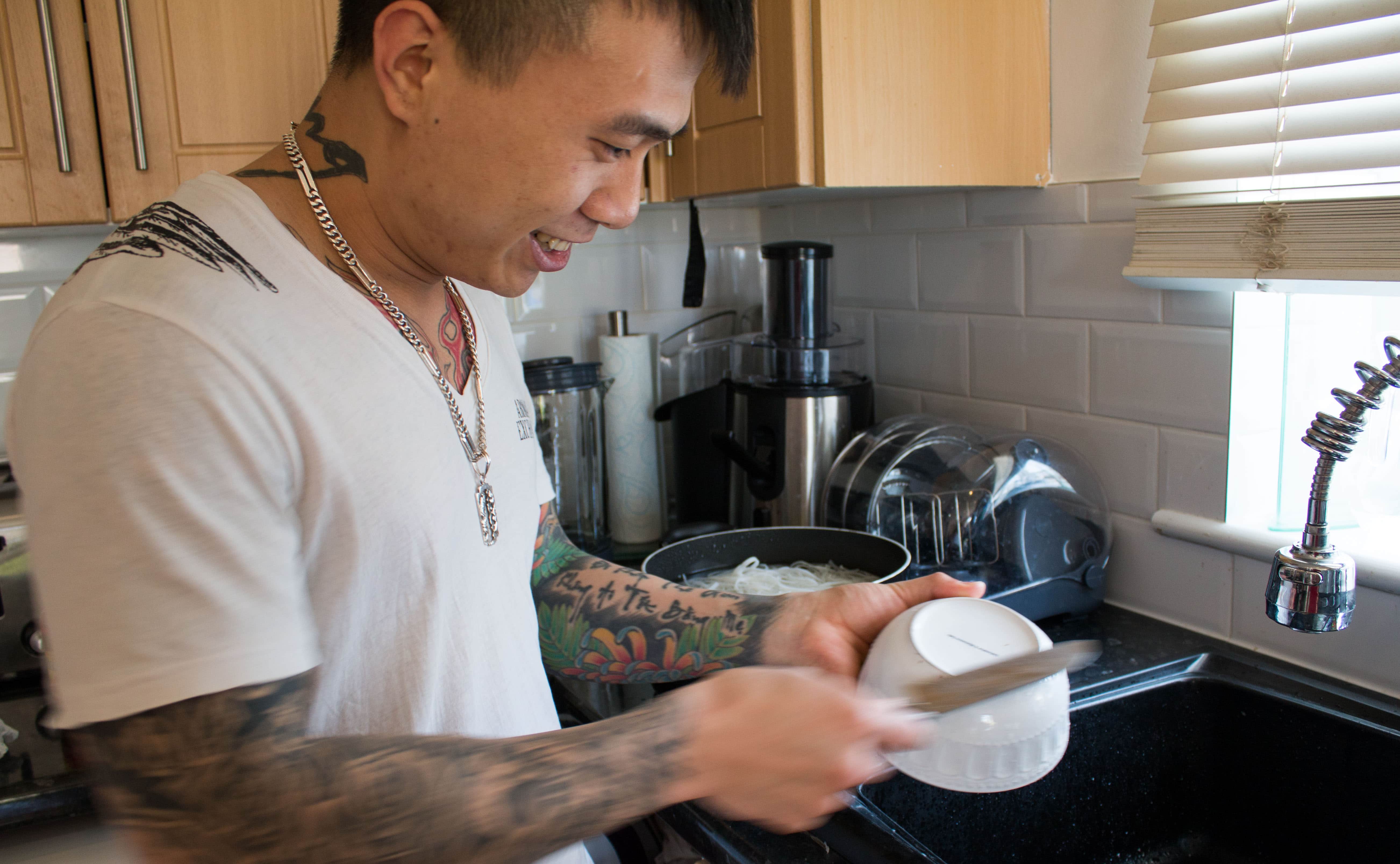 A person preparing food in a kitchen