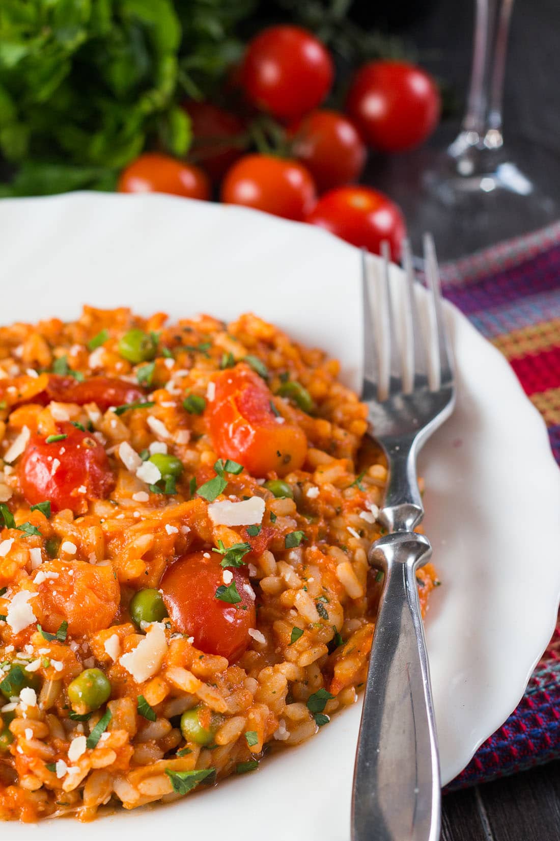 Use up your summer tomatoes with this recipe for Roast Tomato and Pea Risotto from Erren's Kitchen. This Italian classic is finished off with a splash of balsamic vinegar and grated Parmesan.