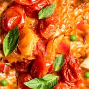 A close up of tomato risotto with roasted tomatoes on top