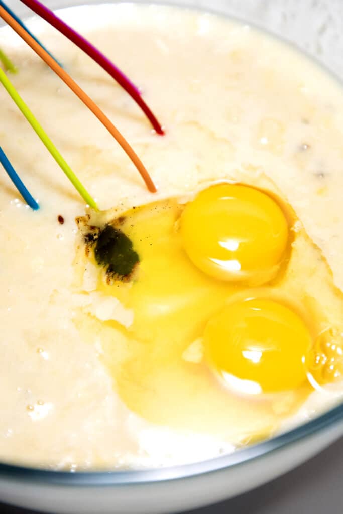 eggs added to cake batter for the Chocolate Banana Cake.