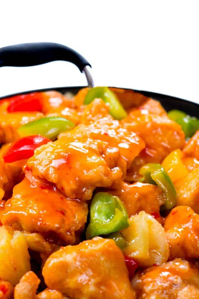 a pan of Sweet Sour Chicken with Pineapples ready to serve