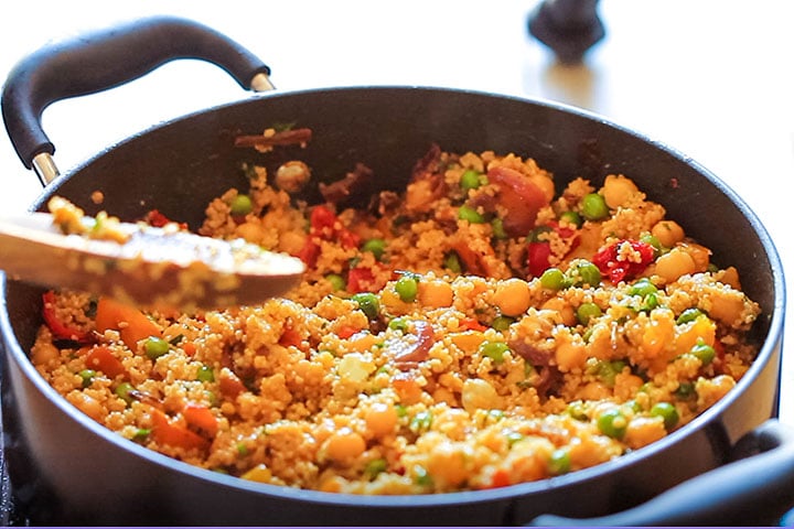Moroccan Spiced Vegetable Couscous in the pan cooked and ready to serve