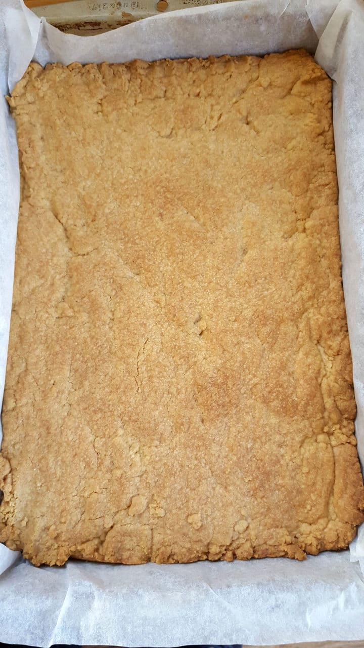 a freshly baked pan of golden shortbread