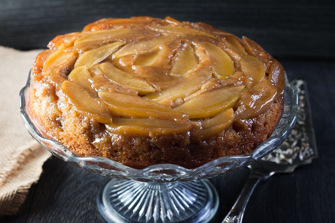 Apple cinnamon upside down cake on a serving dish