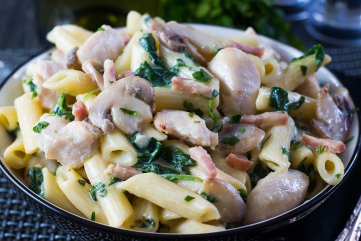 The Creamy Chicken and Bacon Pasta piled high with mushrooms, spinach and chicken.