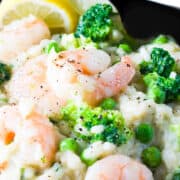 the cooked Lemon Shrimp Risotto in the pan