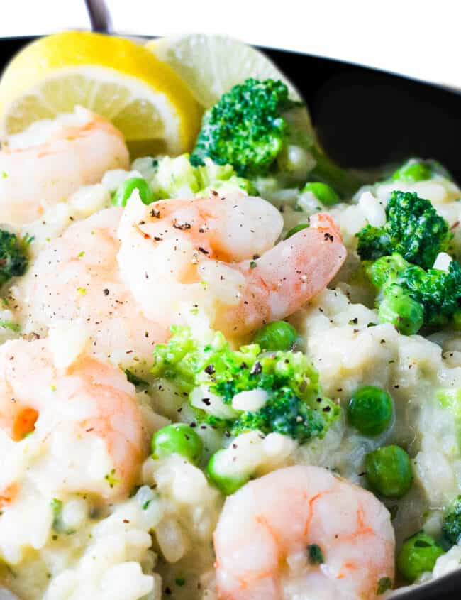 the cooked Lemon Shrimp Risotto in the pan