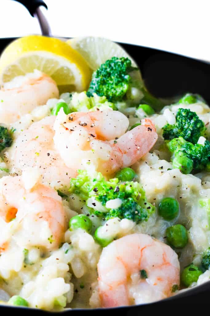 the cooked Lemon Shrimp Risotto in the pan