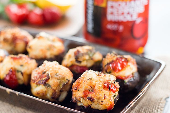 Cooked, golden Easy Crab Stuffed Mushrooms