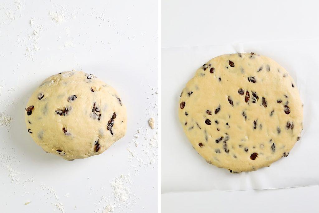 Side-by-side images of Raisin Scones dough: on the left, a round ball with raisins on a floured surface; on the right, the same dough flattened into a disc on parchment paper, ready for baking.