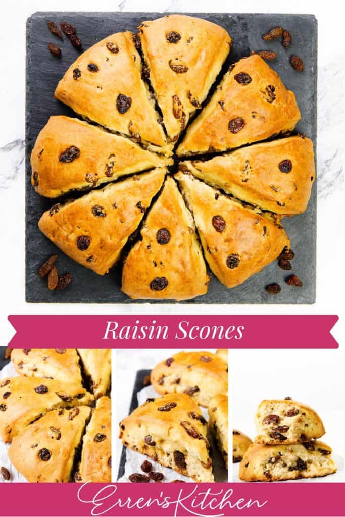 A round batch of Raisin Scones cut into wedges sits on a slate board. Below are three close-up photos of the scones and a pink banner with the text “Raisin Scones” and “Erren’s Kitchen.”.