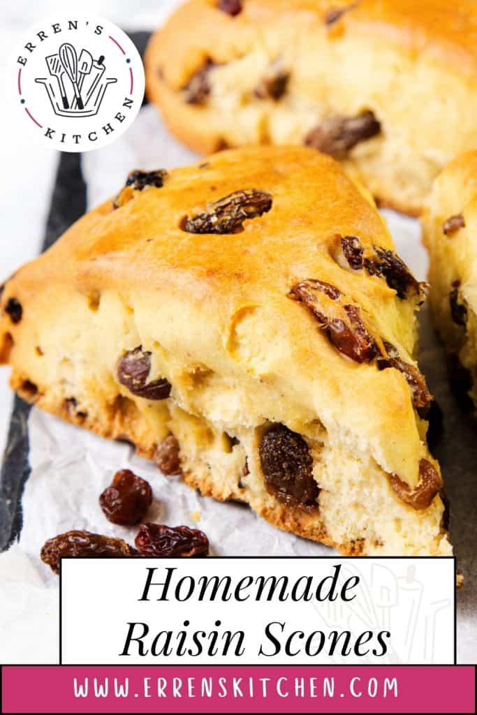 Two golden brown Raisin Scones, packed with plump raisins, are displayed on a parchment-lined tray. The image features the Erren's Kitchen logo and website with the text "Homemade Raisin Scones.