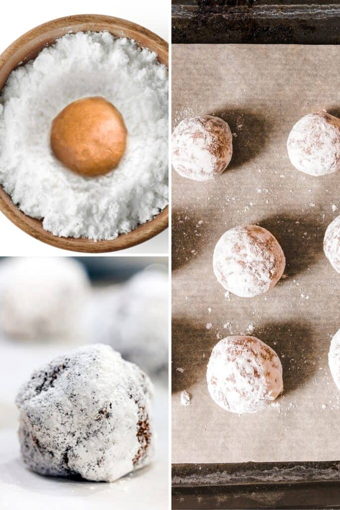 a dough ball in sugar, a dough ball coated in powdered sugar, and a cookie pan with coated cookie dough