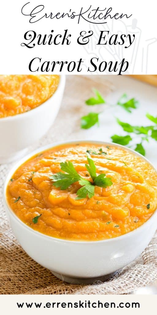 Pureed carrot soup in a bowl with a second bowl in the background