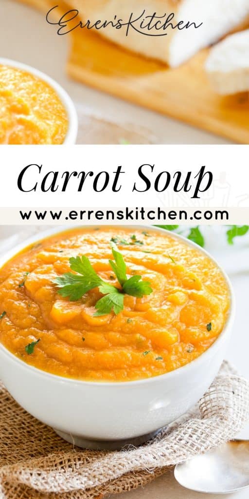 carrot soup in a bowl topped with fresh herbs