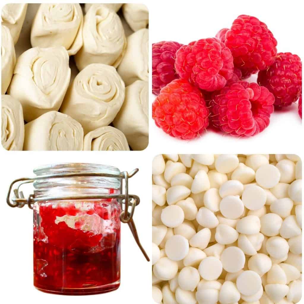 ingredients for raspberry tart: pastry, raspberries, jam and white chocolate chips