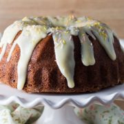 A banana cake drizzled with cream cheese icing