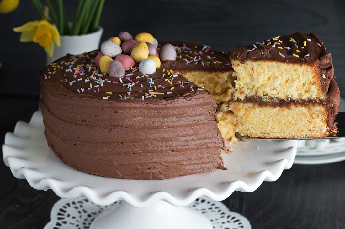 A piece of yellow celebration cake with chocolate frosting being removed from the whole cake with spring flowers in the background