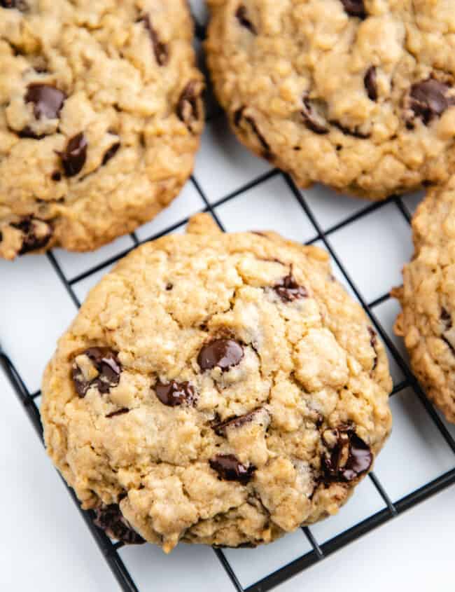over head shot of chocolate chip cookies on a rack