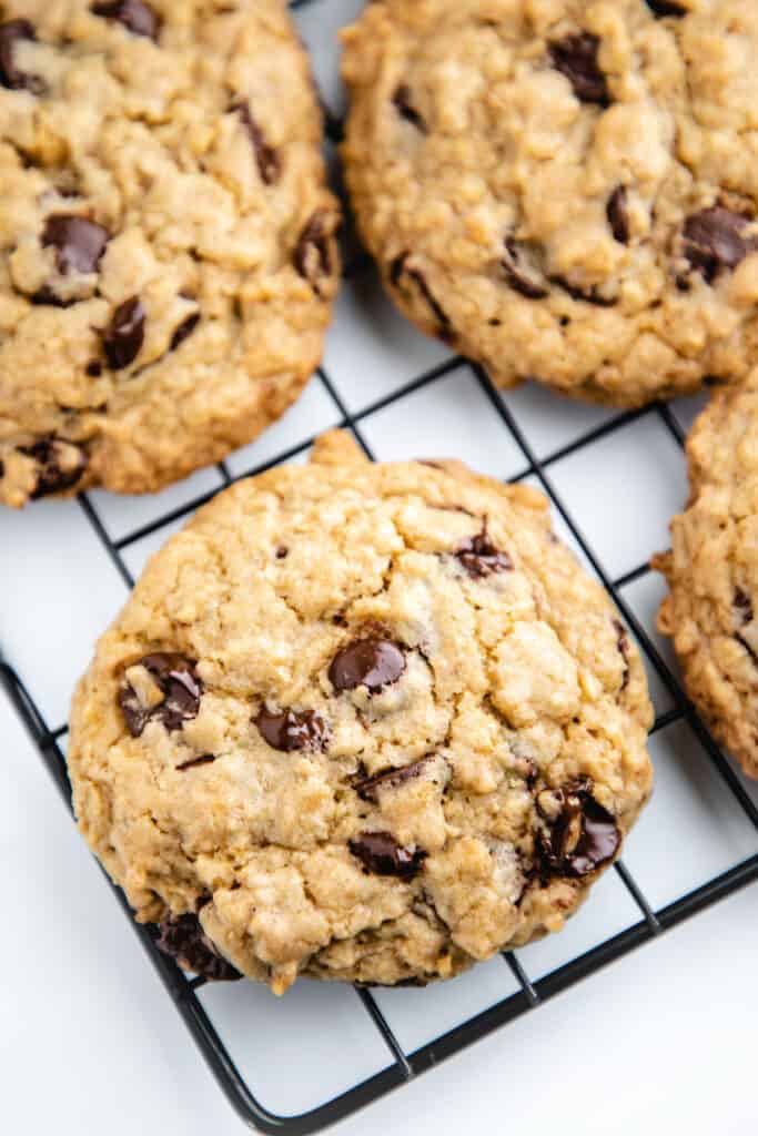 over head shot of chocolate chip cookies on a rack