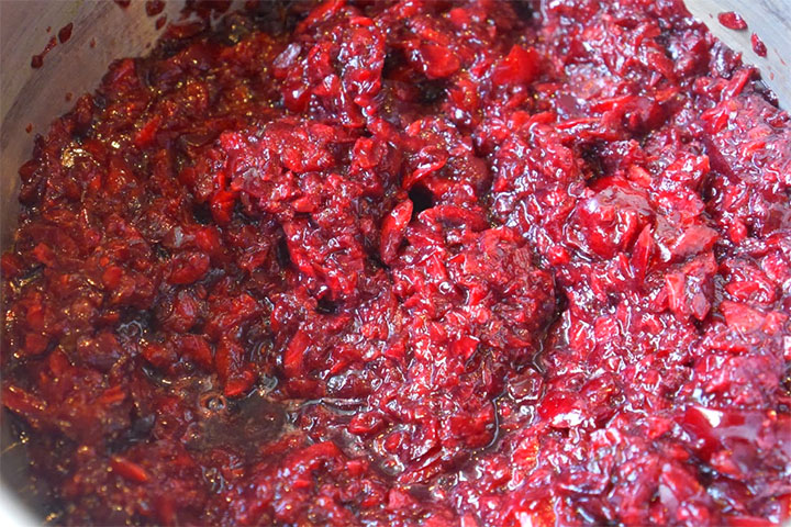 The roughly chopped cherries in a bowl