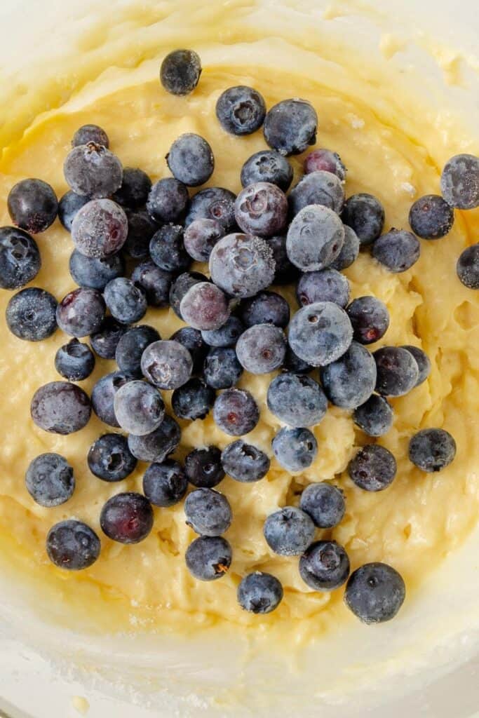 the blueberries added to the cake batter