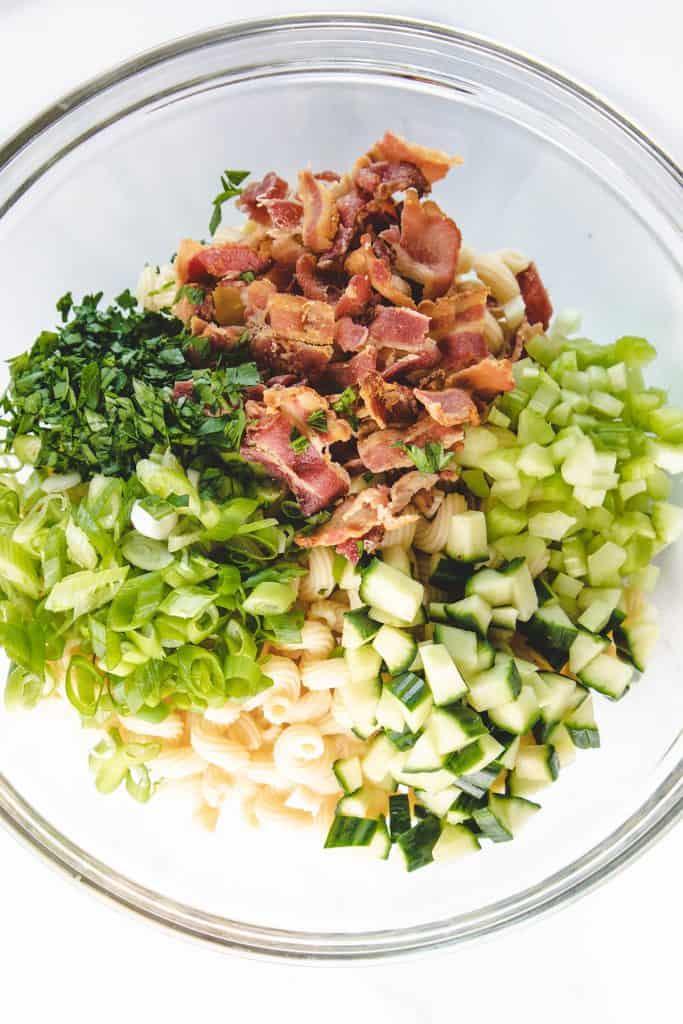 pasta salad ingredients chopped in a bowl