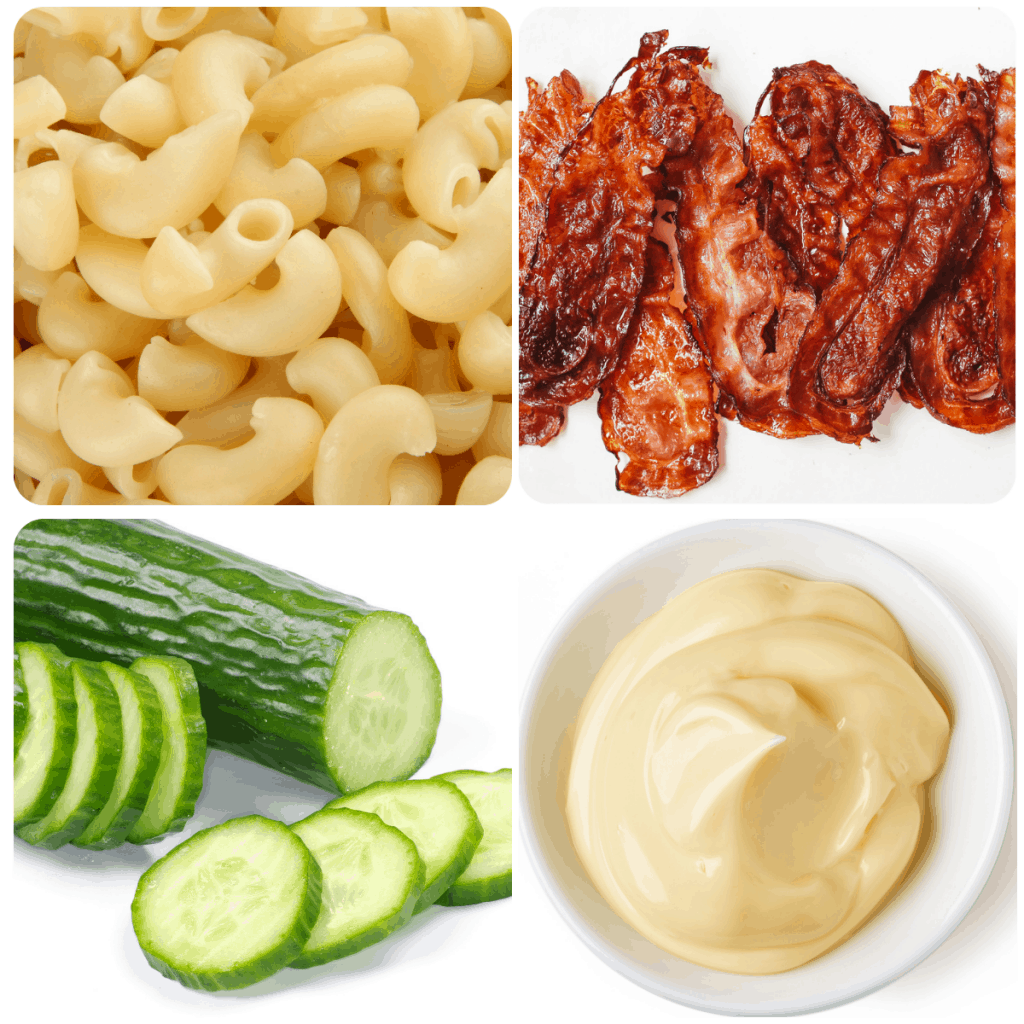 a collage of ingredients for pasta salad