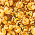 Close-up of a 10 Minute Cashew Shrimp stir-fry in thick brown sauce, garnished with sliced green onions. The dish appears glossy and richly coated, highlighting the shrimp and nuts.