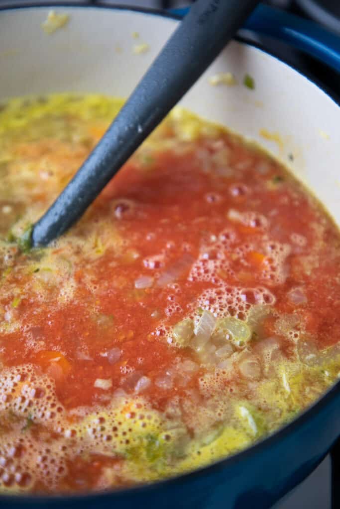 canned tomatoes added to the diced vegetables